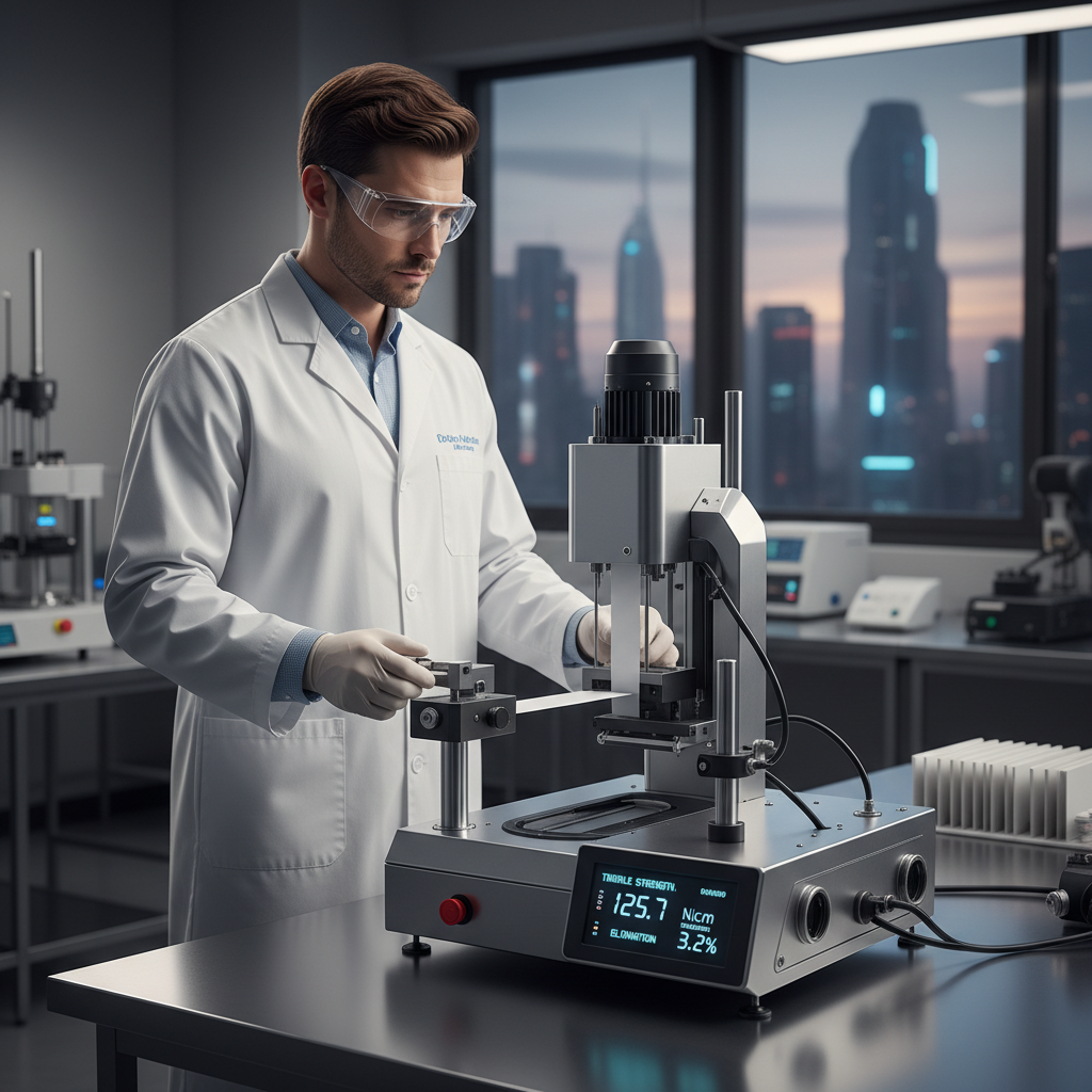 첨단 연구소에서 전문가가 종이의 인장 강도와 품질을 정밀 장비로 테스트하는 전문적인 비즈니스 장면.