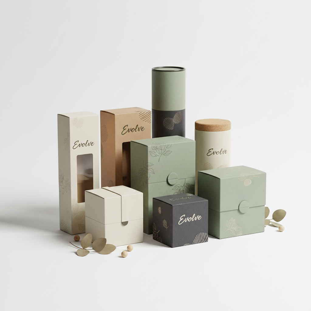 세련된 디자인의 친환경 종이 패키징 제품들이 밝고 깨끗한 스튜디오 배경 위에 깔끔하게 배치된 모습.