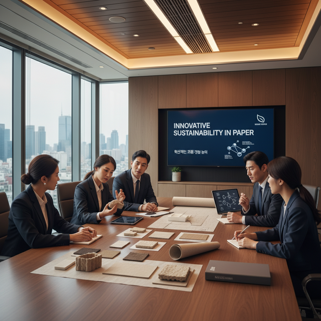 제지 회사 회의실에서 팀원들이 생분해성 종이 신소재 샘플을 살펴보며 혁신적인 제품 개발을 논의하는 장면.